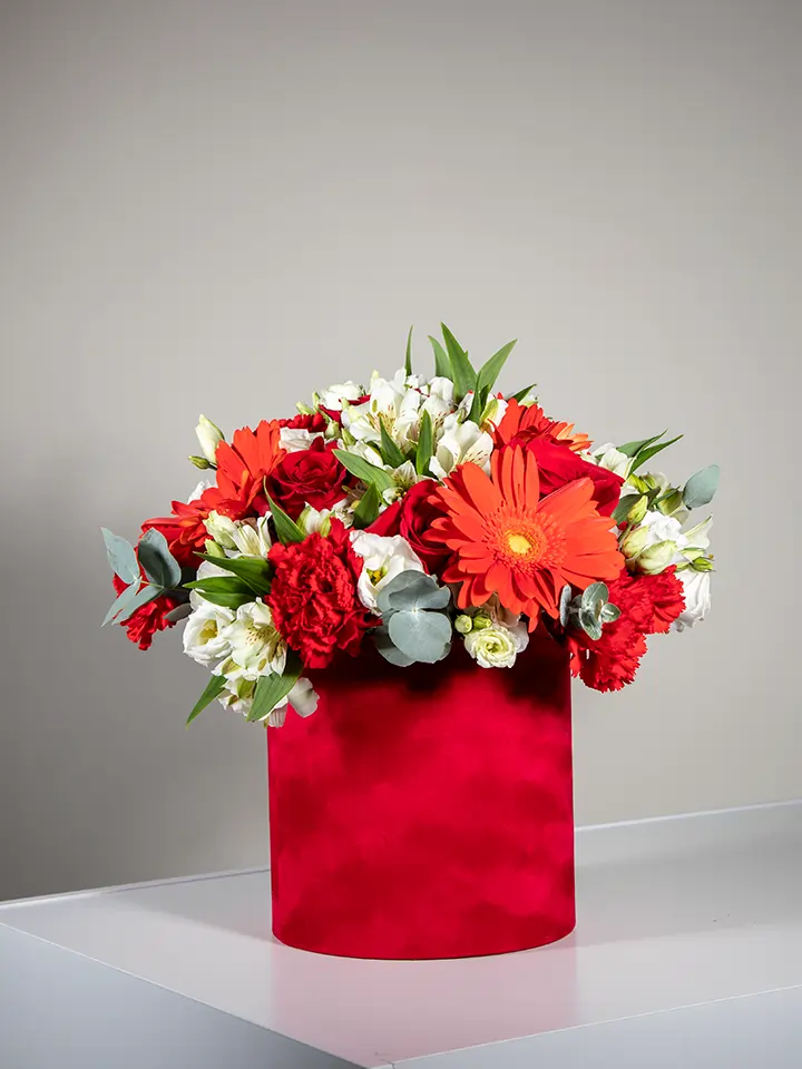 Flower box rosso di fiori bianchi e rossi